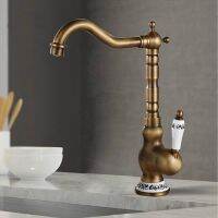 【hot】 Antique Faucet Hot   Cold Mixer Hole  Rotatable crane and white porcelain handle