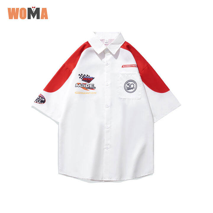 woma-เสื้อวินเทจ-เสื้อเชิ๊ตแขนสั้นสไตล์งานหนักสุดหล่อ-เสื้อผ้ามอเตอร์ไซค์พิมพ์ลายใหม่-เสื้อคอปกทรงหลวมสำหรับผู้ชาย-เสื้อวินเทจเท่