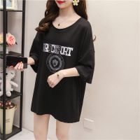【40-150kg】Womens Patterned Plus Size Tee Oversized Tummy Hide Big Size T-shirt Round Neck Short Sleeves Letter Printed Tops Casual Maternity Pregnancy Big Size Tops