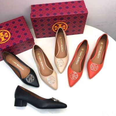 2023 new Tory Burch Ladys 2022 Three Colors Classic Metal Buckle Soft Sheepskin Pointed Toe Mid Heel Commuter Shoe