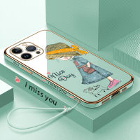 GGK เคสเคสสำหรับ Apple iPhone 15 Plus 15 Pro 15 Pro Max ฟรีสายคล้องลายการ์ตูนสาวน่ารักขอบสี่เหลี่ยมเคสโทรศัพท์ชุบหรูหราชุบเคสโทรศัพท์นิ่ม