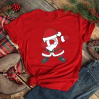 Santa Claus Merry Christmas tree Print crew neck womens red T-shirt short sleeveเสื้อยืดผู้หญิง