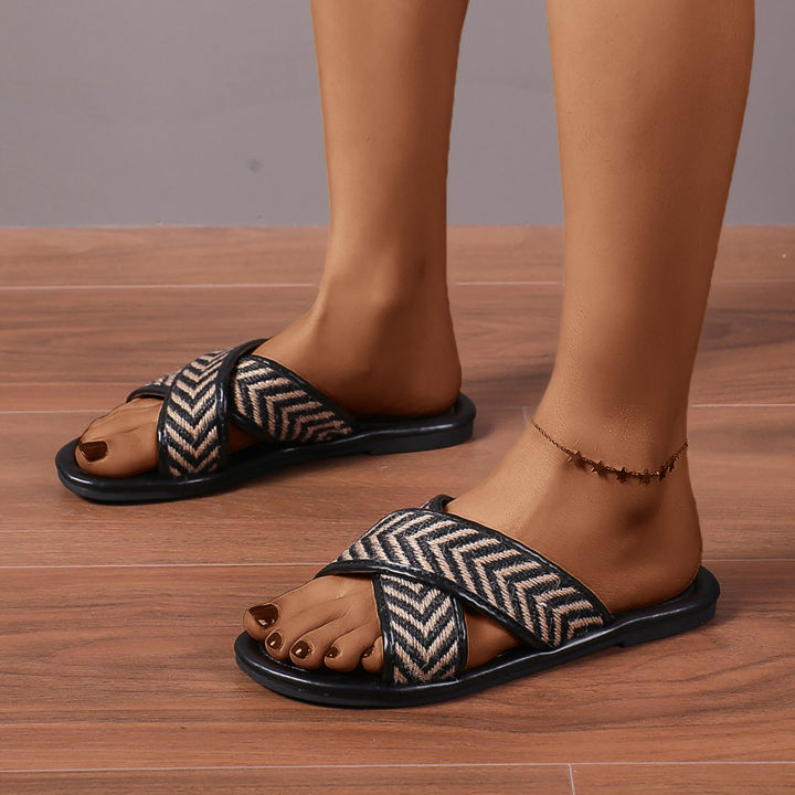 รองเท้าแตะชายหาดของผู้หญิงย้อนยุคผ้าสานแบบลำลองเปิดนิ้วเท้ากันลื่น-รองเท้าแตะระบายอากาศรองเท้าแตะรองเท้าฤดูหนาวของผู้หญิง2021รองเท้าโลฟเฟอร์สลิปเปอร์รองเท้าผู้หญิงชุดเสื้อคลุมและรองเท้าแตะ