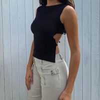 ผูก Backless Slim Solid Crop Top 2021ฤดูร้อนเซ็กซี่ Skinny Simple Trim ชุด Mock คอ Basic Tank Top