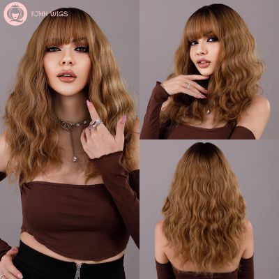 【jw】♛✷✗ 7JHH WIGS Wavy Hair Wig Ombre Blonde for Woman Synthetic Wigs with Bangs Resistant