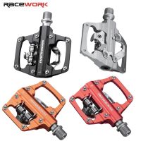 RACEWORK แป้นเหยียบจักรยานเสือภูเขาแป้นเหยียบอเนกประสงค์แบบแบน,อะลูมิเนียมอัลลอย CNC แบบตลับลูกปืนแบบ SPD