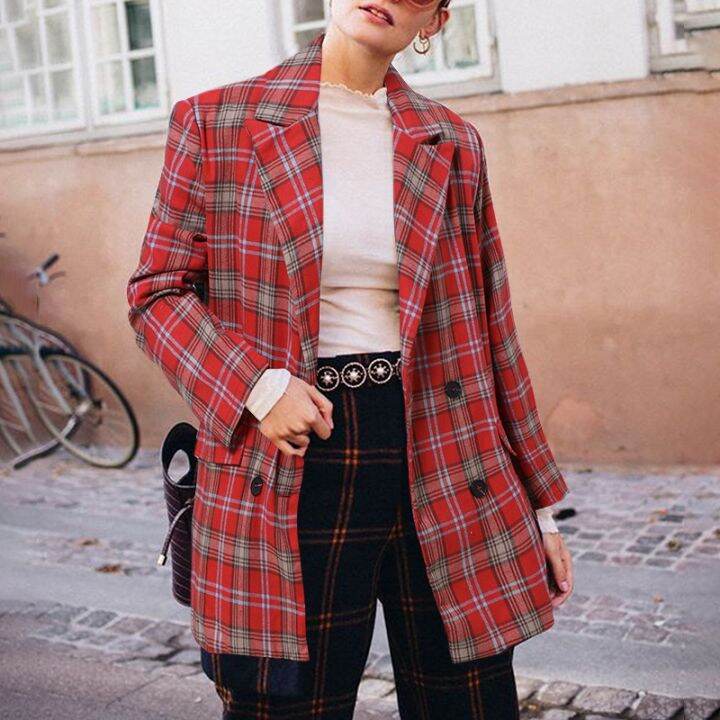 celmia-women-elegant-plaid-long-sleeve-collar-double-breasted-casual-blazer