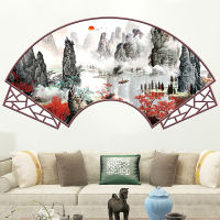 [SHIJUEHEZI] Chinese Style Mountains Wall Stickers DIY Fan-shaped Landscape Mural Decals for Living Room Bedroom Home Decoration