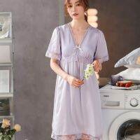 【 WYIN kitchen】 Jxgarb Short Sleeve Womens V Neck Padded Nightdress Fashion Satin And Lace Knee Length Femme Sleepwear Bowknot Home Clothes