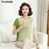 ♀℡ new middle-aged and elderly womens large-size short-sleeved T-shirt foreign style top mothers dress ice silk sweater