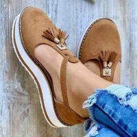 Women Summer Sandals Fashion Buckle Strap Solid Fringe Cover Heel Flat Platform Heel Casual Ladies Plus Size Sandals