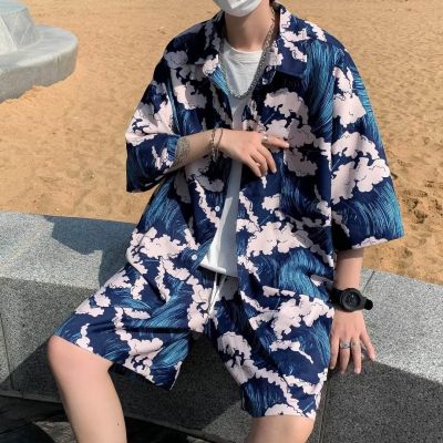 ✐▤✴ Seaside Vacation Wave Pattern Shirt Mens Sanya Casual Suit Ice Silk Quick-Drying Loose Trendy Swimming Pants