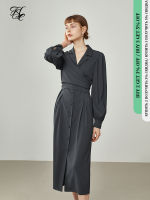 FSLE Woman Dress Designed Shirt Dress Mid-length Korean Style High Waist Skirt Solid Long Sleeve Suit Collar A-line Skirts