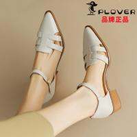 ♠✇ PLOVER soft leather high-end pointed-toe hollow-heeled womens shoes summer and Korean version versatile toe-toe thick heel one-word buckle strap sandals