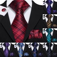 Yellow Plaid Ties For Men Shirts Silk Men 39;s Tie Handkerchief Cufflinks Set 15 Colors Neck Tie Barry.Wang Fashion Design S-5241