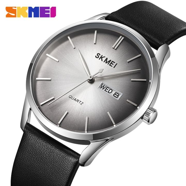 skmei-นาฬิกาข้อมือสำหรับผู้ชาย-นาฬิกาควอทซ์1991สายหนังแท้กันน้ำใส่เล่นกีฬาแสดงวันที่