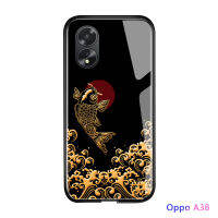 เคสใส่โทรศัพท์สำหรับ OPPO A38 A18หรูหราสไตล์จีนเคสปลาคาร์พKOI ลายการ์ตูนนกกระเรียนดีไซน์มันวาวกันกระแทกปลอกฝาหลังกระจกเทมเปอร์