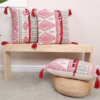 Red Grey Moroccan Embroidery Cushion Cover with Tassels Ethnic Pillow Cover 45x45cm30x50cm Home Decorative Sofa Pillow