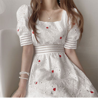 Korean Style Women Ladies Summer Short Sleeve Slim Square Neck Cotton Embroidery Flower Maxi Long Dress Ready Stock New