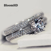 2Pcs  ชุดสว่างจ้ากลมตัด 925 เงินสเตอร์ลิงจำลองเพชร  Engaget ชุดแหวน Bague Femme ขนาด 5 6 7 8 9 10 11