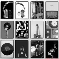 Vintage Music Vinyl Record Poster Wall Art - Black And White Photo หูฟังเนื้อเพลงภาพวาดผ้าใบพิมพ์-Perfect For Music Studio Decor