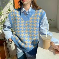 Houndstooth ถักเสื้อกั๊กผู้หญิงสวมใส่เสื้อกั๊กถัก2021เสื้อยืดหลวมนอกนั่งเสื้อกั๊ก Houndstooth knitted vest womens outer wear knitted vest 2021 loose outer sweater vest