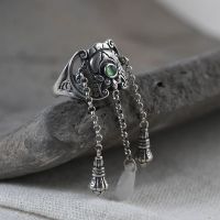 S925 pure silver tassel chalcedony ring jewelry openings for women retro fashion bat design silver ring —D0517