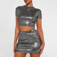 Fluorescent silver dress two-piece round collar short sleeve jacket that show hilum tight skirts suits street snap spice suits