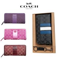 TOP☆โค้ช Coach 26070 Accordion Long Zip กระเป๋าสตางค์ Wallet in Charcoal Signature Coated Canvas and Black Smooth Leather with Varsity Stripes - Unisex Wallet