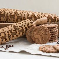 Christmas Printing Rolling Pin Wooden Laser Engraving Embossing Rolling Pin Cookie Dough Stick