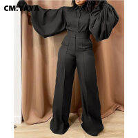 CM.YAYA Women Jumpsuits Solid Puff Sleeve Wide Leg Rompers Office Lady Vintage One Piece Overalls Fashion Outfits Autumn 2021