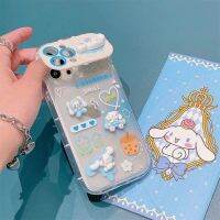 เคสโทรศัพท์กระจกฝาพับ Cinnamoroll สำหรับ iPhone 14 13 12 Pro Max Plus 11ป้องกันกล้องพร้อมที่วางเลนส์ฝาครอบเทอร์โมพลาสติกโพลียูรีเทนนิ่มน่ารักพร้อมจี้กันกระแทก