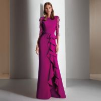 【YF】 Elegant Scoop Half Sleeves Mother of the Bride Dresses with Slit Fuchsia Evening Gown for Wedding Ruffles Guest Dress