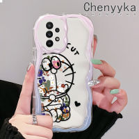 Chenyyyka เคส A23กาแลคซี M22 A22 4G A22 5G A24ดอกไม้โดราเอมอนซิลิโคนหนาเคสโทรศัพท์โปร่งใสป้องกันการตกที่มีสีสันคลื่นขอบเนื้อครีมเคสนิ่มเคสป้องกันเคสใส