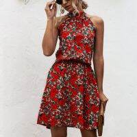 ZZOOI Summer Sexy Halter Lace Up Floral Print mini Dress  2020 vintage short sleeveless dress beach Casual party Dress for Women