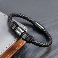 Luxury Simplicity Stainless Steel Hexagonal Shape Mens Leather Woven Bracelet Punk Style Mens Jewelry Gift Bracelet Homme Charms and Charm Bracelet