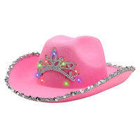 Women Girl Solid Felt Western Style Apparel Accessories Holiday Cowgirl Hat Stage Performance With Light Party Crown Inlaid