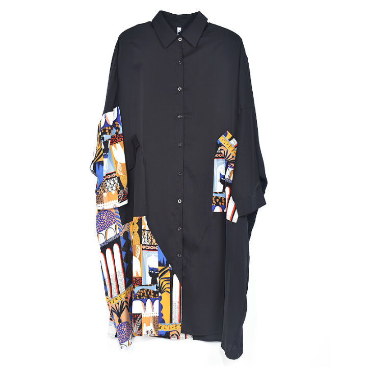 xitao-blouse-casual-patchwork-women-fashion-batwing-sleeve-shirt-dress