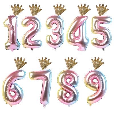 ☊๑ 1set 30inch Number Foil Balloons 1 2 3 4 5 6 Years Old Kid Boys Girls Crown Happy Birthday Balloon Baby Shower Decor Supplies