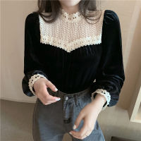 Neploe Black Blouse Women Clothes Lace Velvet Tops Fashion Korean Vintage Shirt Blusas Mujer De Moda Elegant Stand Neck Blouses