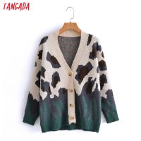 Tangada 2021 Autumn Women Green Leopard Print Knitted Cardigan Sweater Jumper Vintage Long Sleeve Button-up Female Outerwear 3A5