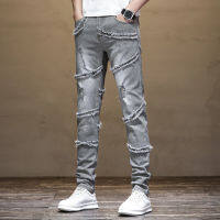 2023 Summer New Mens Light Gray Slim-Fitting Biker Stitching Edging Jeans Trendy Skinny Mid-Rise Pants