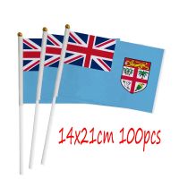 ZXZ Fiji hand Flag 100pcs 14*21cm Polyester Double Side Printing Fiji FJ Hand waving Flag with plastic flagpole