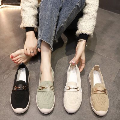 Pumps Womens 2021 Spring and Autumn New Knit Breathable Korean Style Comfortable Flying Peas Shoes Slip-on Work Shoes