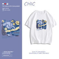 CHIC ผ้าฝ้ายแท้ เสื้อยืดแขนสั้นพิมพ์ลายศิลปะ สไตล์สบาย ๆ T0431