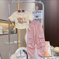 【Ready】? 2023 Girls Summer New Suits Medium and Big Boys Fashion Cat Print Tops Western Style Closure Overalls Set