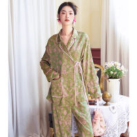 QSROCIO Womens Summer Ice Silk Pajamas Lapel Jacquard Diagonal Placket Female Thin Comfortable Floral Home Clothing Set