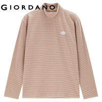 GIORDANO Women T-Shirts Letter Badge Stripe Stretch Tee High Neck Long Sleeve Simple Basic Fashion Casual Tshirts 13323860