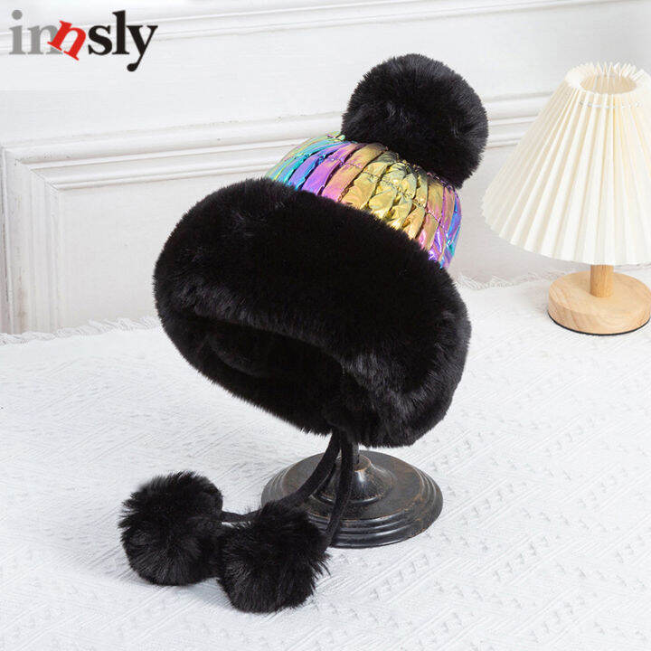 winter-outdoor-thick-fluffy-hat-women-ski-cap-fashion-pompoms-female-beanie-skullies-ear-flap-ladies-princess-cap-with-ball