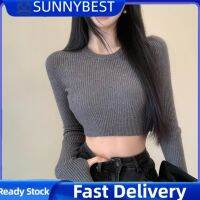 SUNNYBEST เสื้อถักนิตติ้งสำหรับผู้หญิงสไตล์เกาหลี,เสื้อครอปคอกลมถักสเวตเตอร์พอดีตัวเอวสูงเสื้อครอปอเนกประสงค์